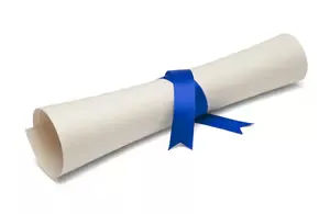 Diploma tied with a blue ribbon