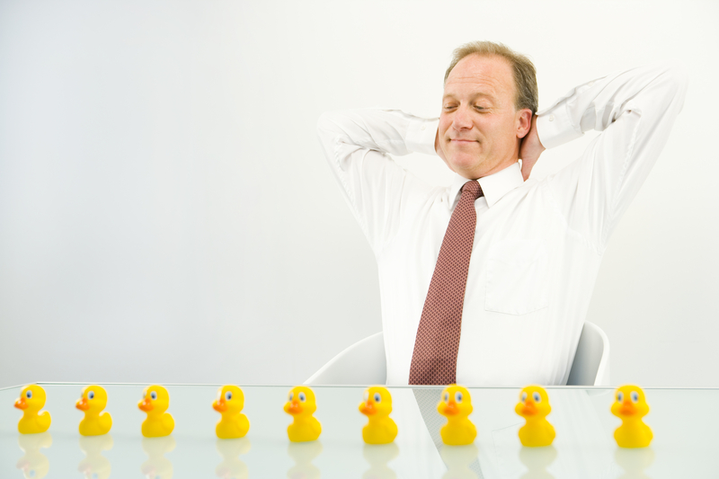Businessman with all his ducks sitting in a row