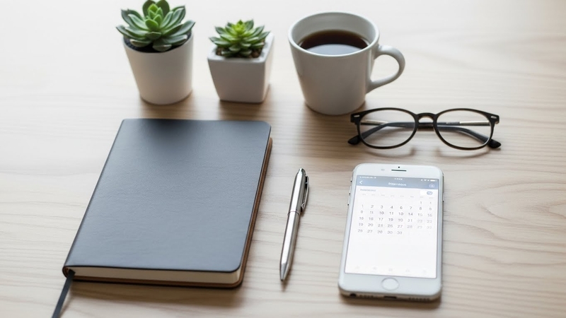 Neatly organized desk with smartphone showing a calendar, notebook, pen, glasses, coffee, succulents