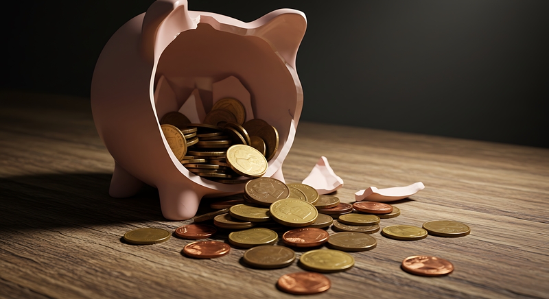 Broken pink piggy bank with coins spilling out