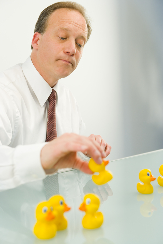 Businessman working on getting all his ducks in a row
