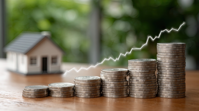 A stack of coins beside a small house and an upward trend graph symbolize financial growth