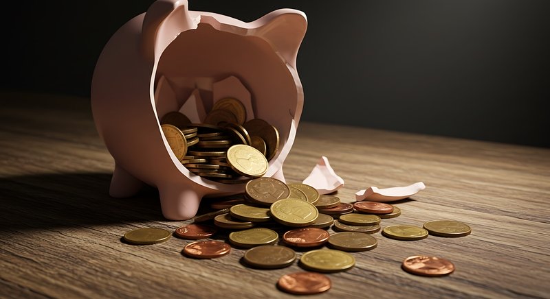 Broken pink piggy bank with coins spilling out Broken pink piggy bank with coins spilling out